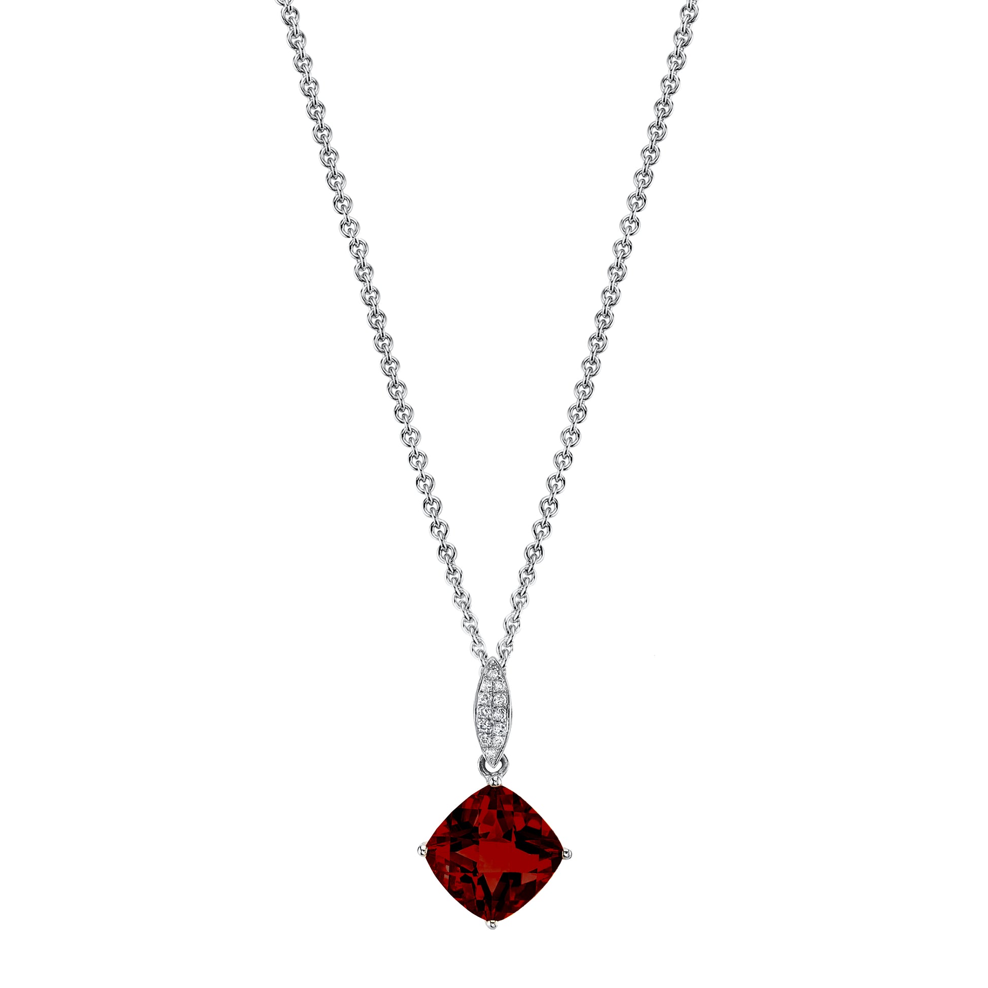 Round Garnet Charm Pendant with Diamonds in 14K White Gold
