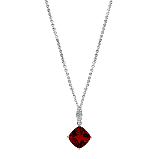 Round Garnet Charm Pendant with Diamonds in 14K White Gold