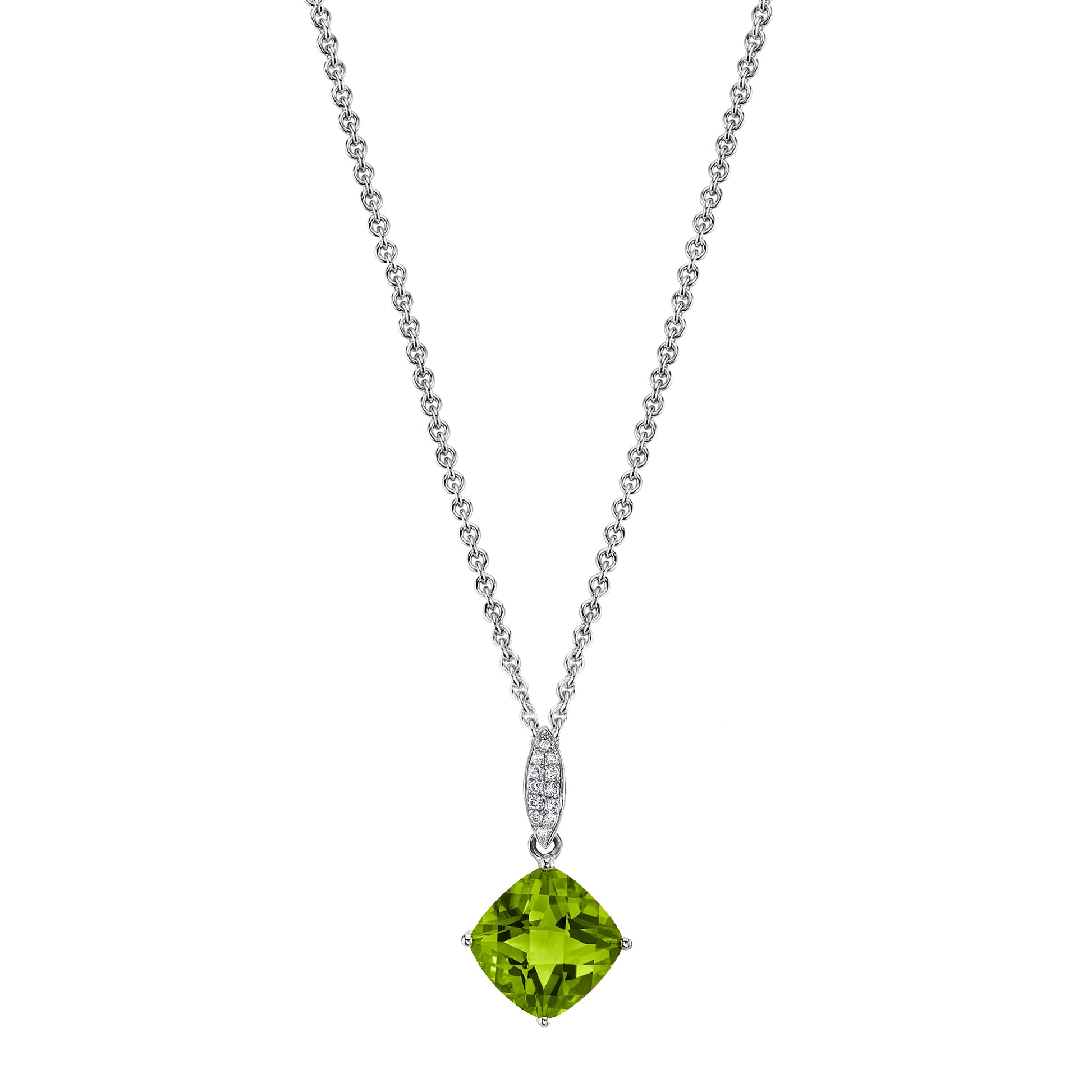 Round Peridot Charm Pendant with Diamonds in 14K White Gold
