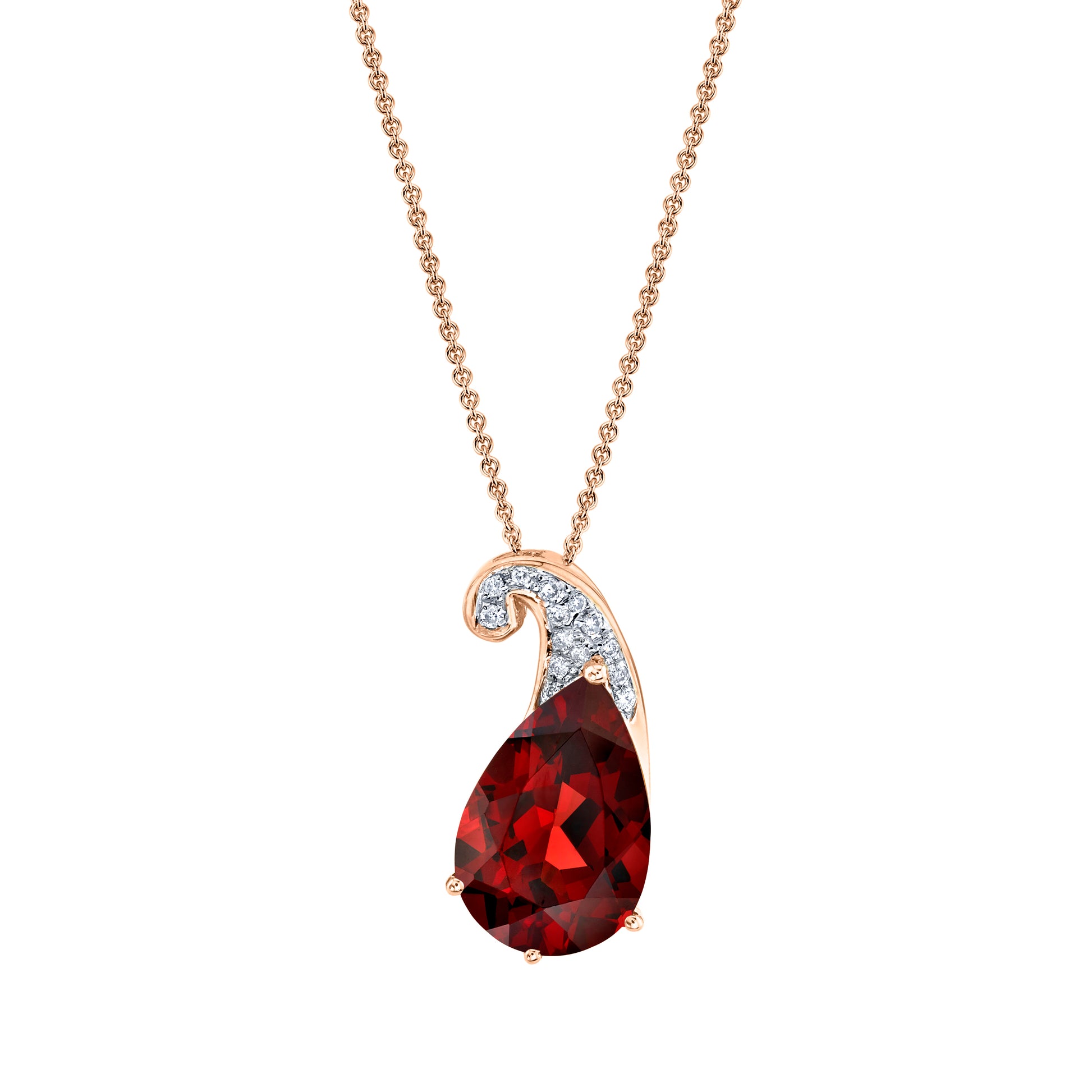 Pear Shape Garnet Seedling Pendant with Diamonds in 14K Rose Gold