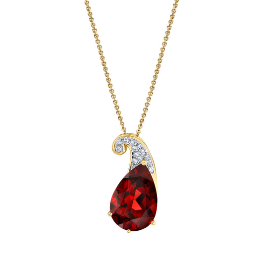 Pear Shape Garnet Seedling Pendant with Diamonds in 14K Yellow Gold