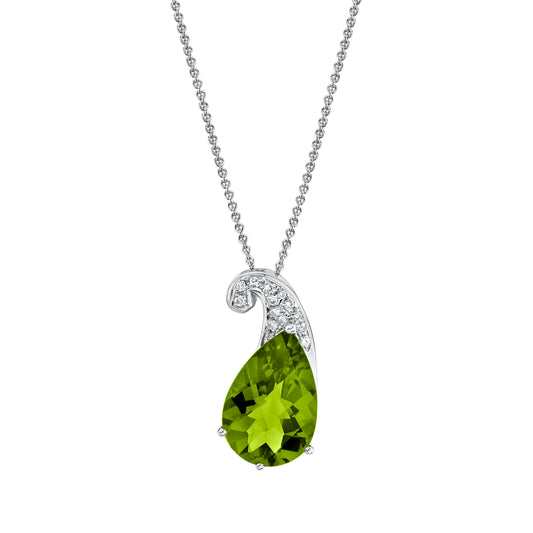 Pear Shape Peridot Seedling Pendant with Diamonds in 14K White Gold