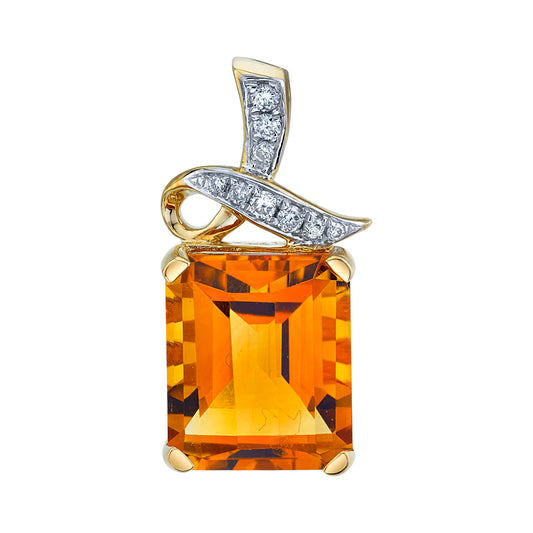 Emerald Cut Madeira Madiera Citrine Pendant with Diamonds in 14K Gold