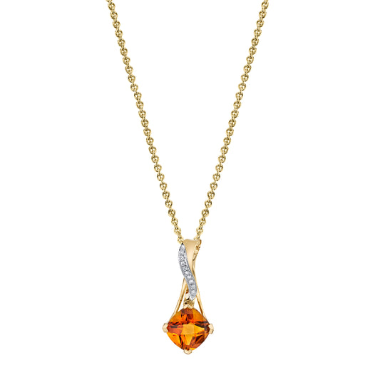 Cushion Madiera Citrine Pendant with Diamonds in 14K Yellow Gold