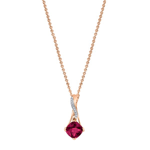 Cushion Rhodolite Garnet Pendant with Diamonds in 14K Rose Gold