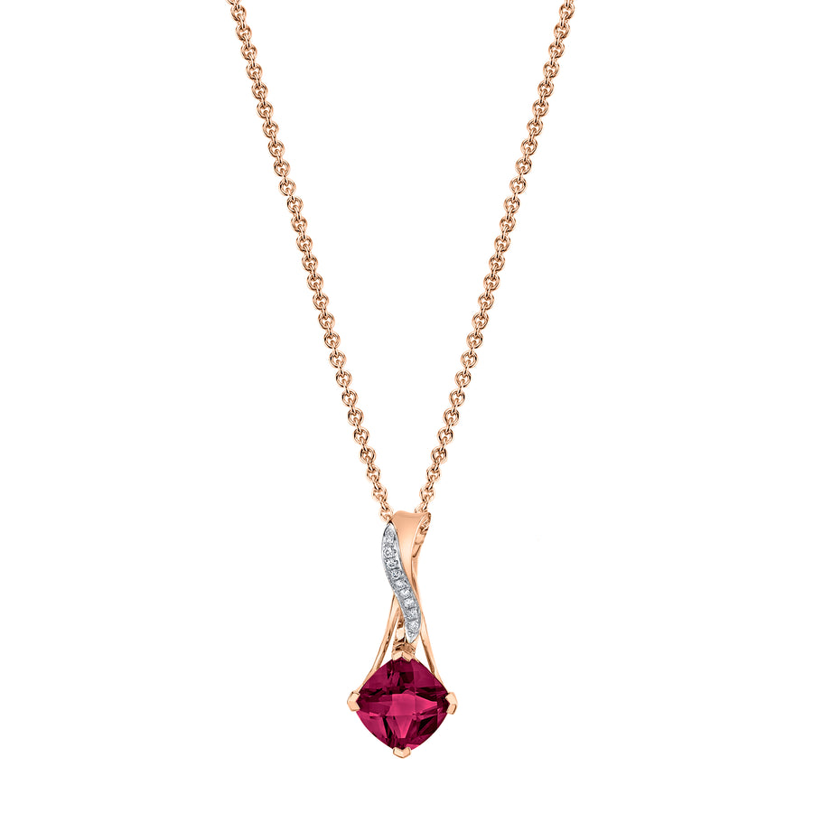 Cushion Rhodolite Garnet Pendant with Diamonds in 14K Rose Gold