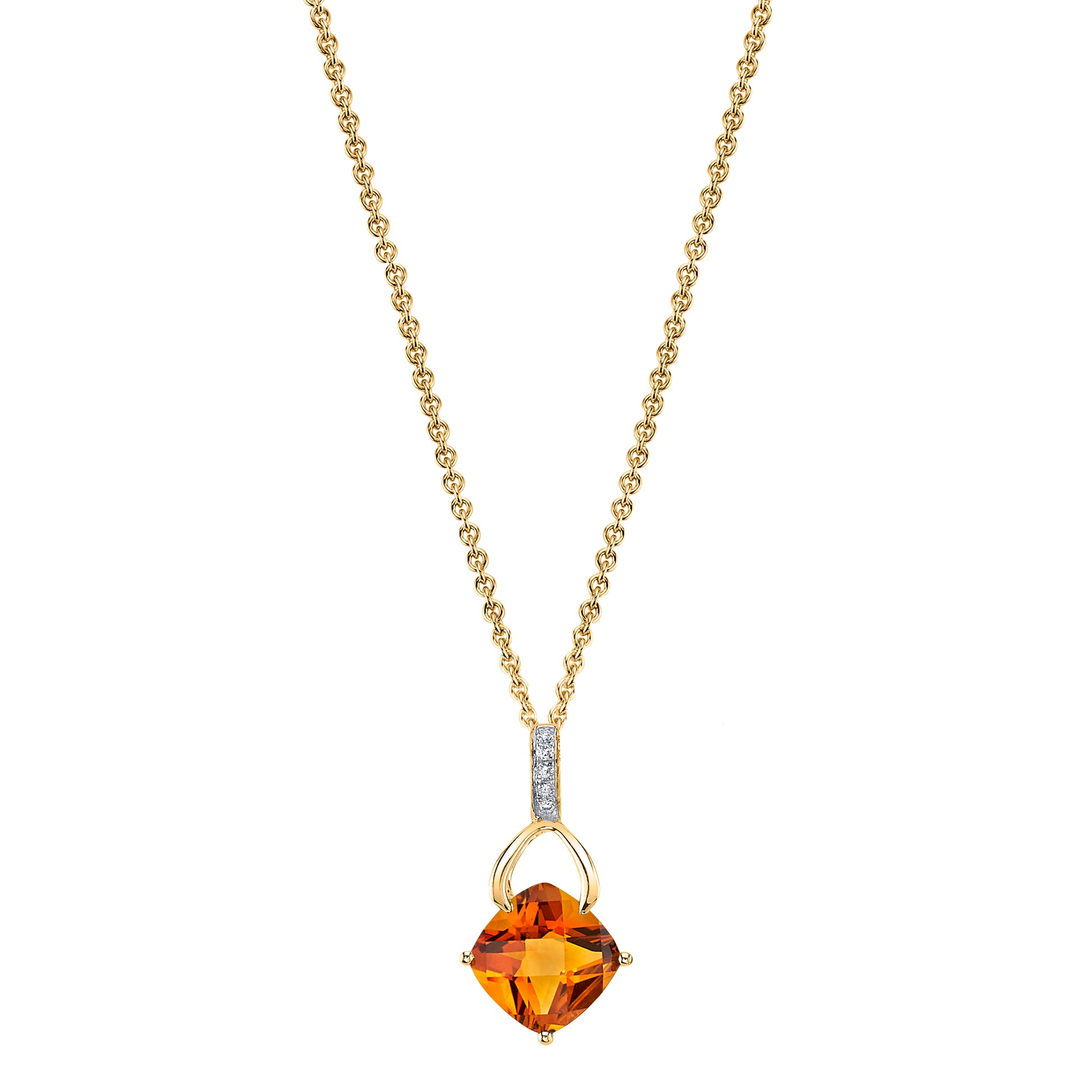 Cushion Madiera Citrine Wishbone Pendant with Diamonds in 14K Yellow Gold