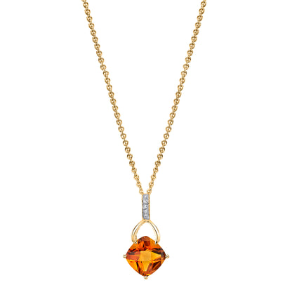 Cushion Madiera Citrine Wishbone Pendant with Diamonds in 14K Yellow Gold
