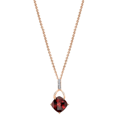 Cushion Garnet Wishbone Pendant with Diamonds in 14K Rose Gold