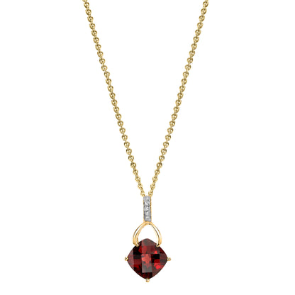 Cushion Garnet Wishbone Pendant with Diamonds in 14K Yellow Gold