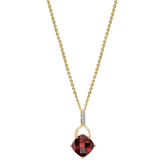 Cushion Garnet Wishbone Pendant with Diamonds in 14K Yellow Gold