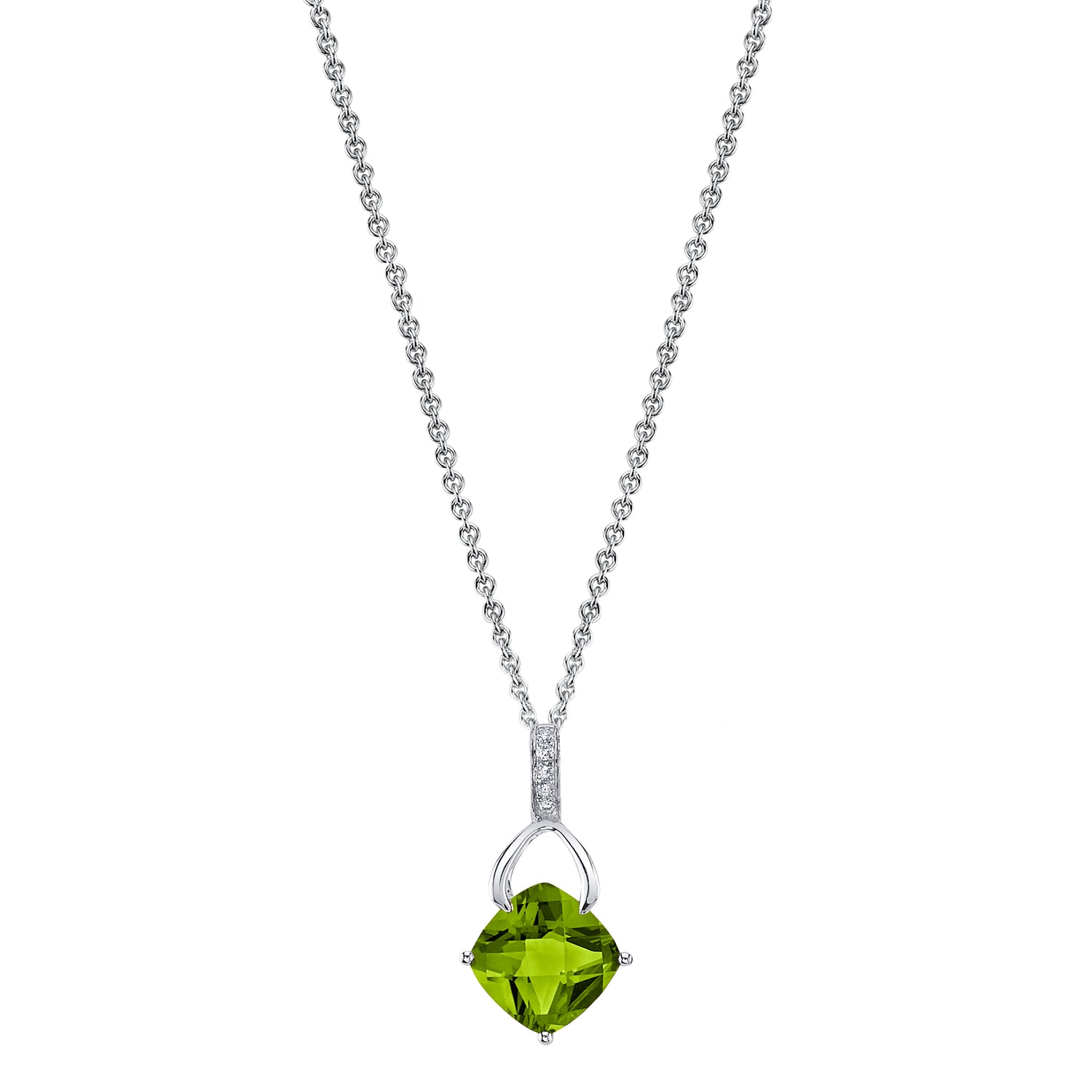 Cushion Peridot Wishbone Pendant with Diamonds in 14K White Gold