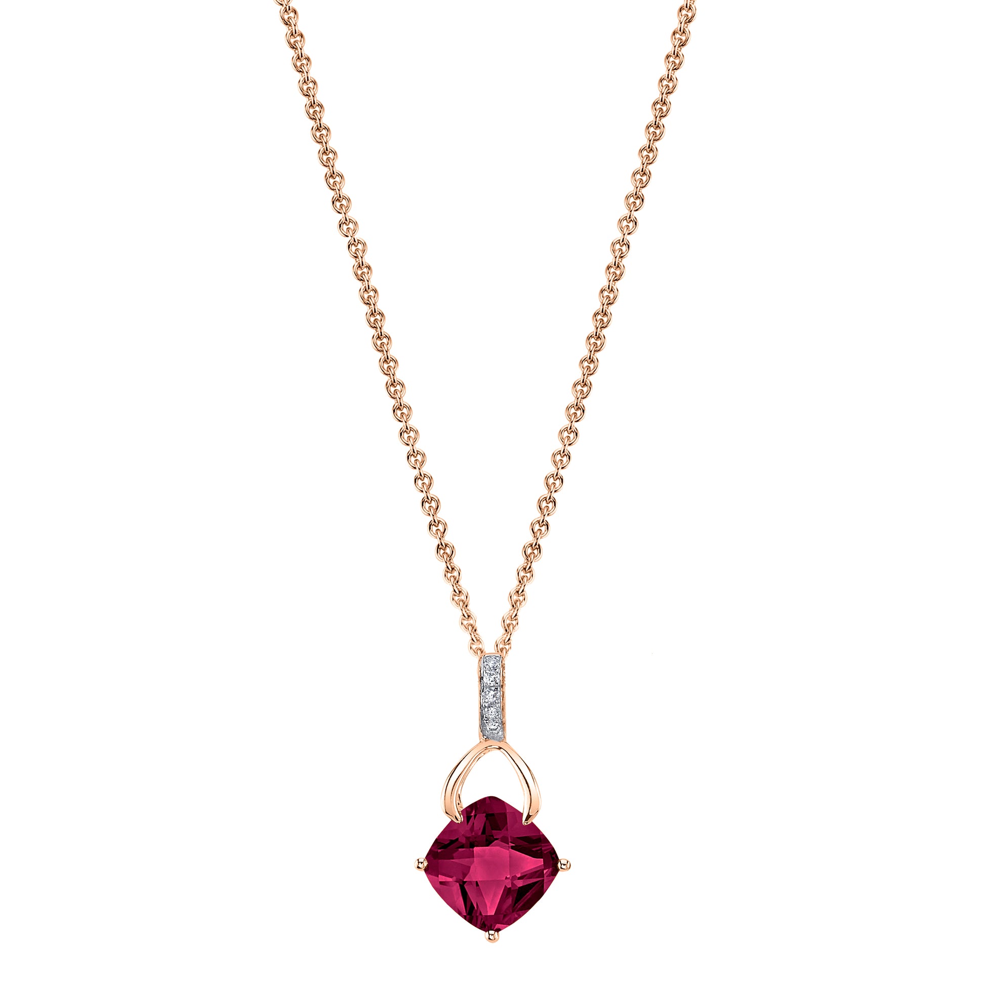 Cushion Rhodolite Garnet Wishbone Pendant with Diamonds in 14K Rose Gold
