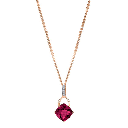 Cushion Rhodolite Garnet Wishbone Pendant with Diamonds in 14K Rose Gold
