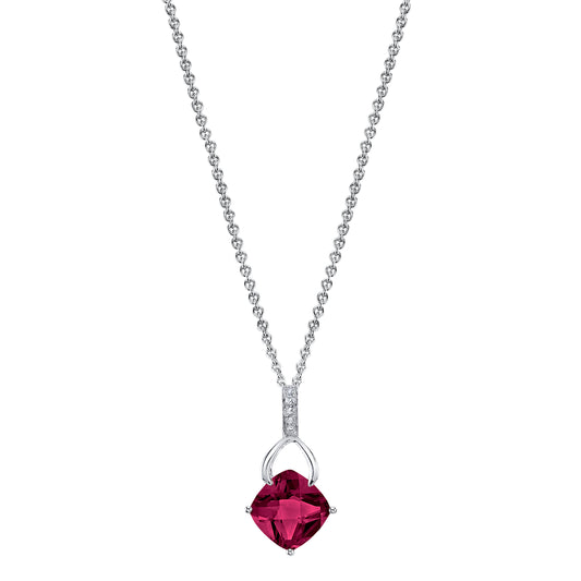 Cushion Rhodolite Garnet Wishbone Pendant with Diamonds in 14K White Gold
