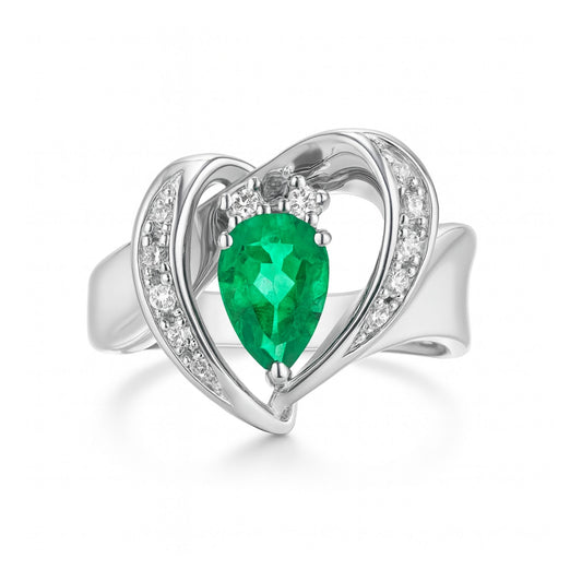 Platinum 0.82ct Pear Shape Colombian Emerald 0.14cttw White Diamonds Ring