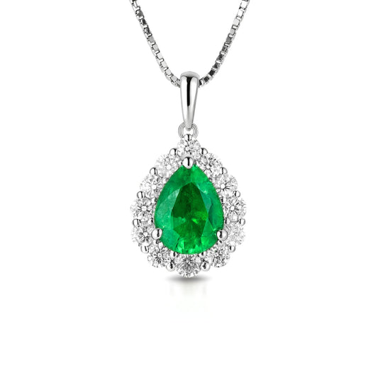Platinum 1.49ct Pear Shape Colombian Emerald 0.65cttw White Diamonds Necklace
