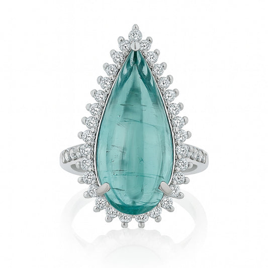 Platinum 17.30ct Pear Shape Cabochon Indicolite 1.46cttw VS White Diamonds Ring