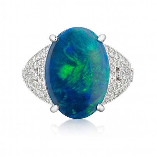 Platinum 4.29ct Oval Black Opal 0.35cttw White Diamonds Ring