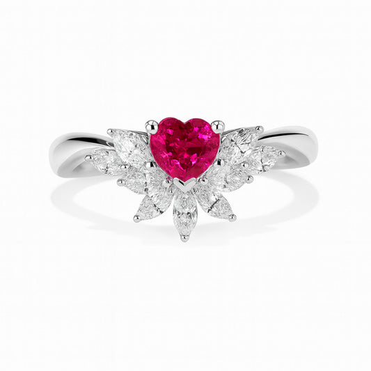 Platinum 0.61ct Heart Shape Ruby 0.65cttw Marquise White Diamonds Ring