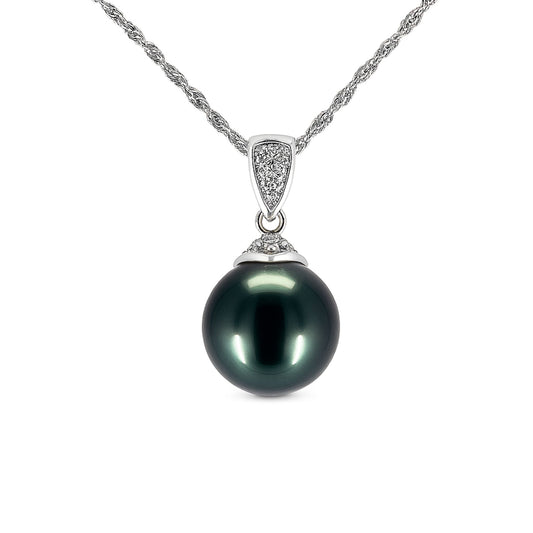 Platinum & 18K 10.6mm Tahitian Black Pearl 0.05cttw White Diamonds Necklace