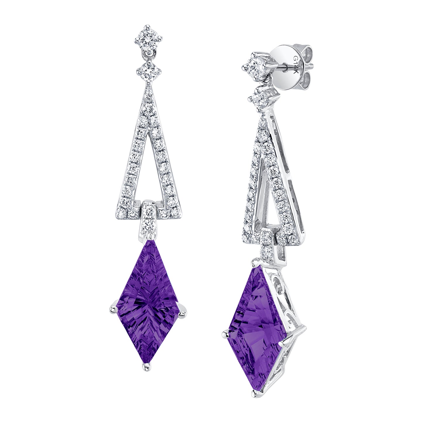 14K 2.55cttw Fancy Kite Cut Amethyst 0.75cttw VS Diamonds Earrings