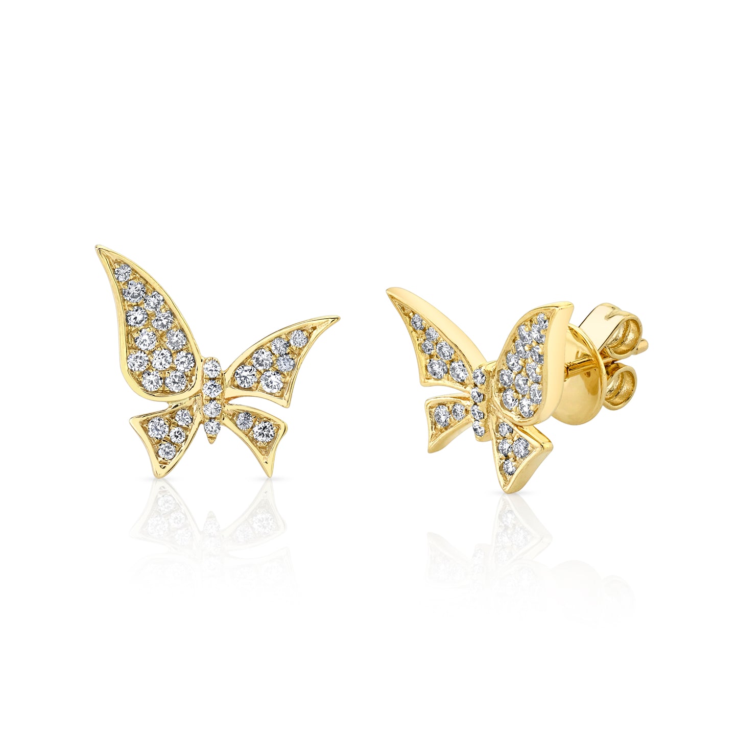 Natural White Diamond Butterfly Stud Earrings in 14K Yellow Gold