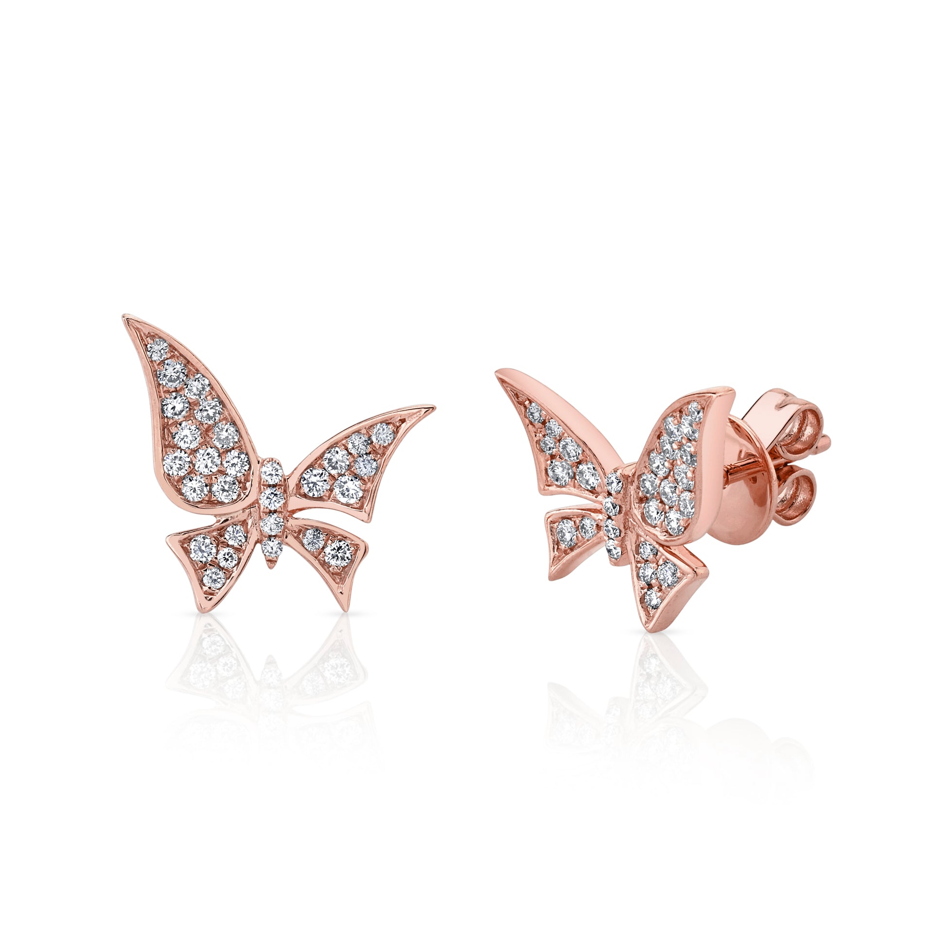 Natural White Diamond Butterfly Stud Earrings in 14K Rose Gold