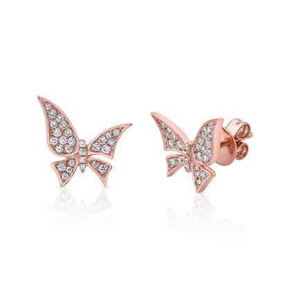 Natural White Diamond Butterfly Stud Earrings in 14K Rose Gold