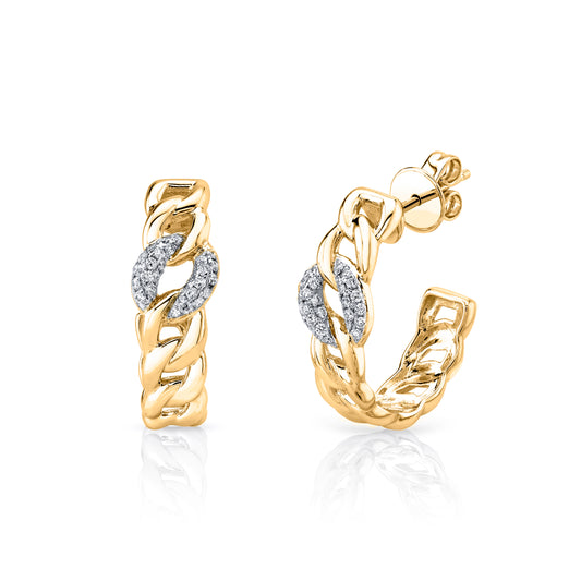 Natural White Diamond Cuban Link Hoop Earrings in 14K Yellow Gold