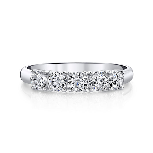 Round Natural White Diamond 5 Stone Band Ring in 14K White Gold