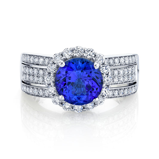 14K 2.50ct Round Blue Wing Tanzanite 1.00cttw VS White Diamond Ring