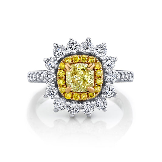Natural 1 Carat Cushion Yellow Diamond Cocktail Ring in 14K Gold
