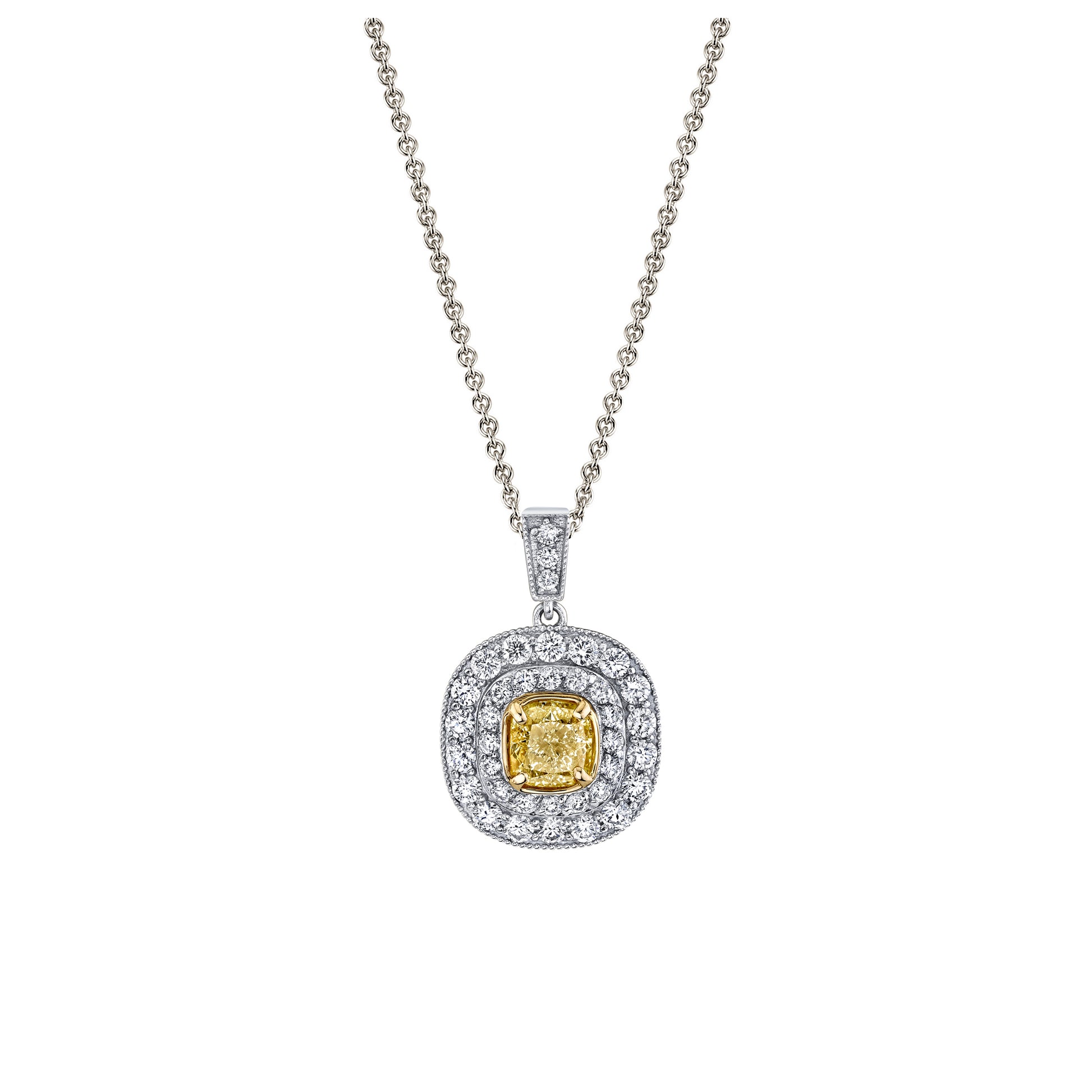 Natural 1 Carat Cushion Yellow Diamond Pendant with Chain in 14K Gold