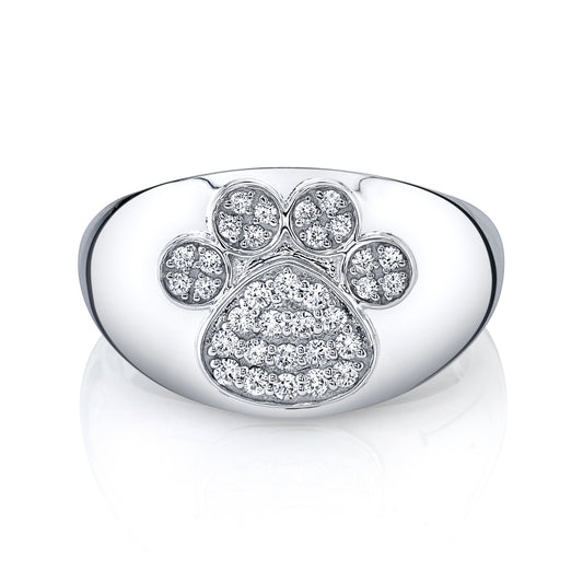 Natural Diamond Paw Print Signet Ring in 14K White Gold