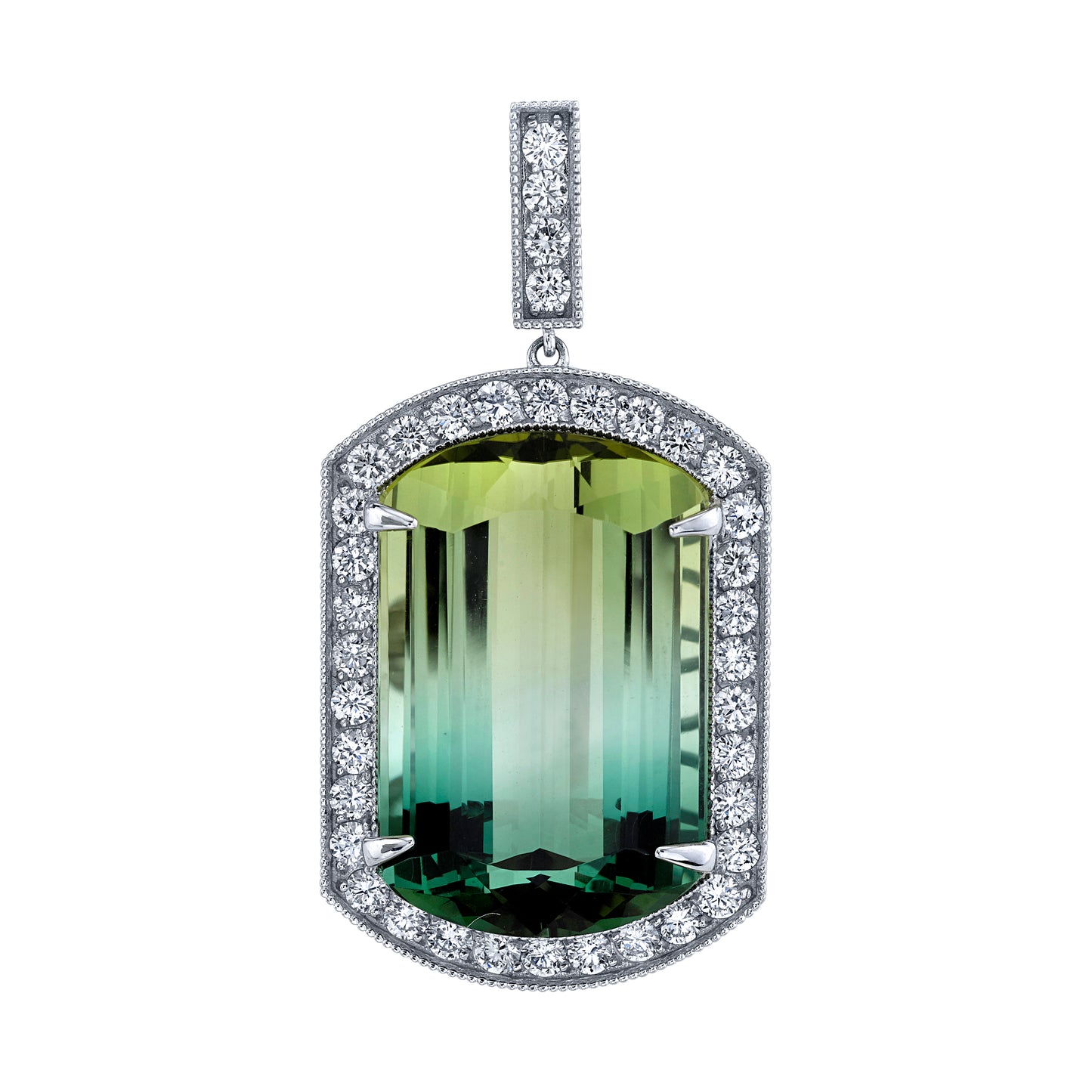 14K 30.64ct Fancy Cut Bi-Color Tourmaline 1.53cttw VS White Diamond Pendant