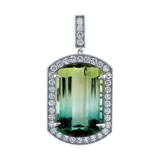 14K 30.64ct Fancy Cut Bi-Color Tourmaline 1.53cttw VS White Diamond Pendant