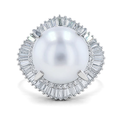 Platinum 14mm South Sea White Pearl 1.61cttw White Diamonds Ring