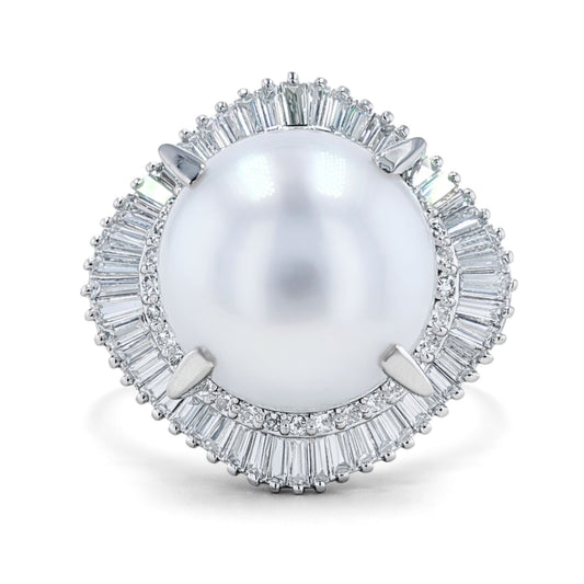 Platinum 14mm South Sea White Pearl 1.61cttw White Diamonds Ring