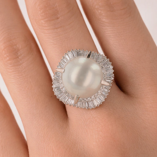 Platinum 14mm South Sea White Pearl 1.61cttw White Diamonds Ring