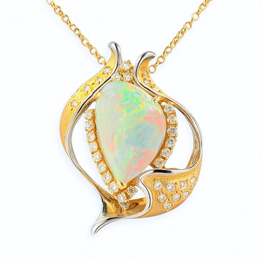 Platinum & 18K 8.36ct Free Form Australian Opal 0.83cttw White Diamonds Necklace