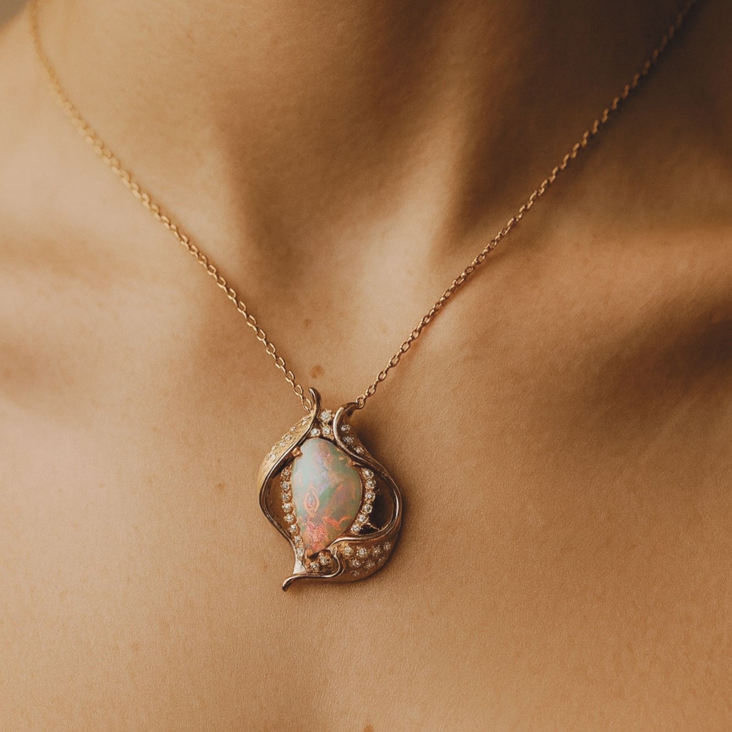 Platinum & 18K 8.36ct Free Form Australian Opal 0.83cttw White Diamonds Necklace