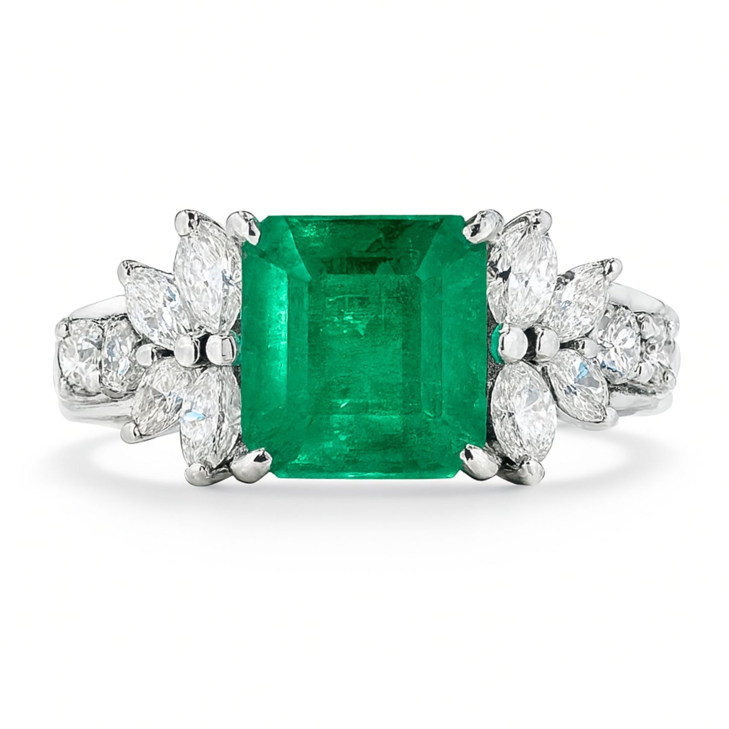 Platinum 2.54ct Emerald Cut Colombian Emerald 0.76cttw White Diamonds Ring