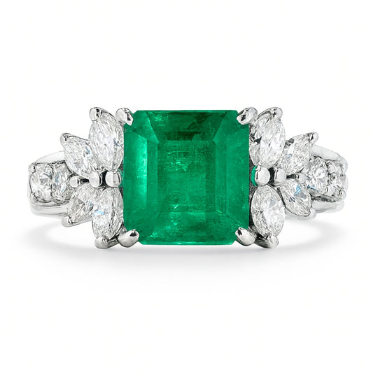 Platinum 2.54ct Emerald Cut Colombian Emerald 0.76cttw White Diamonds Ring