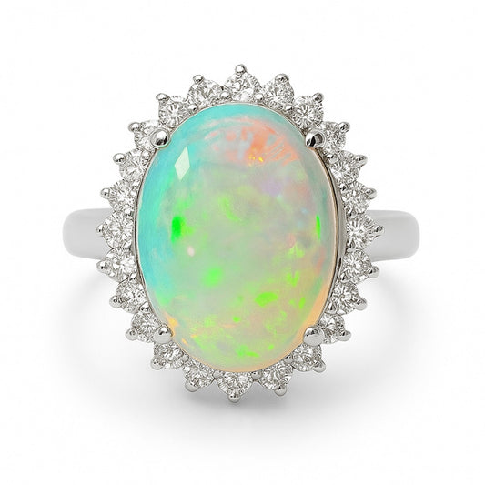 Platinum 6.08ct Oval Australian Opal 0.59cttw White Diamonds Ring