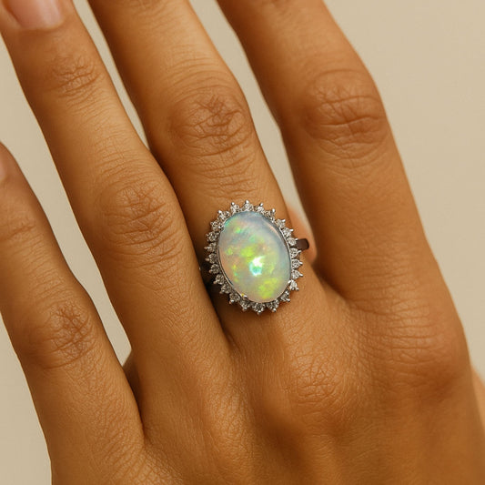 Platinum 6.08ct Oval Australian Opal 0.59cttw White Diamonds Ring