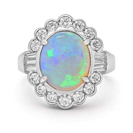 Platinum 4.00ct Oval Australian Opal 1.01cttw White Diamonds Ring