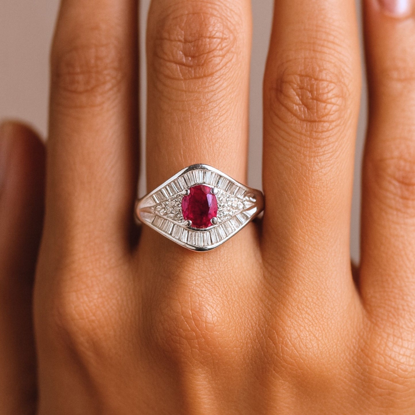 Platinum 0.75ct Oval Burma Ruby 0.53cttw White Diamonds Ring