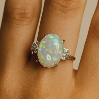 Platinum 5.79ct Oval Australian Opal 0.20cttw White Diamonds Ring