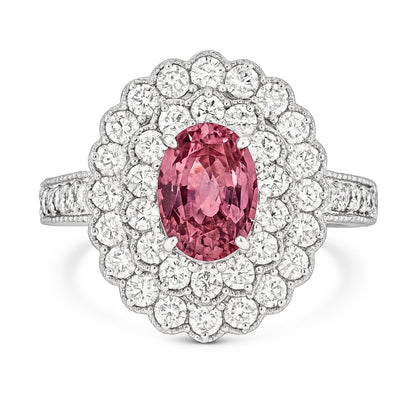 Platinum 1.73ct Oval Unheated Padparadscha 1.00cttw White Diamonds Ring